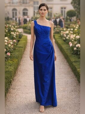 Phoebe Couture Royal Blue Silk One Shoulder Gown Back Knot Formal Dress Size 0